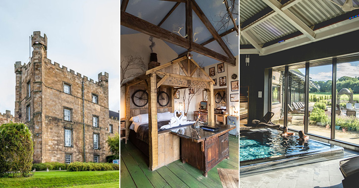 exterior shot of Lumley Castle Hotel, bedroom inside South Causey Inn and two women inside Ramside Hall Spa